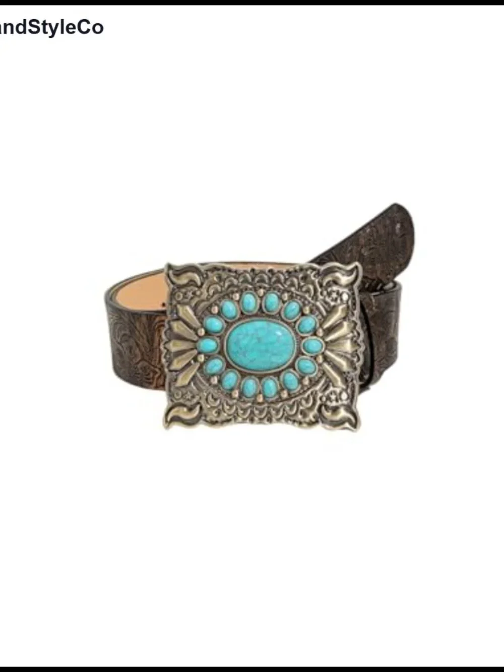 Western Leather Belt with Turquoise Concho Buckle, Floral Design